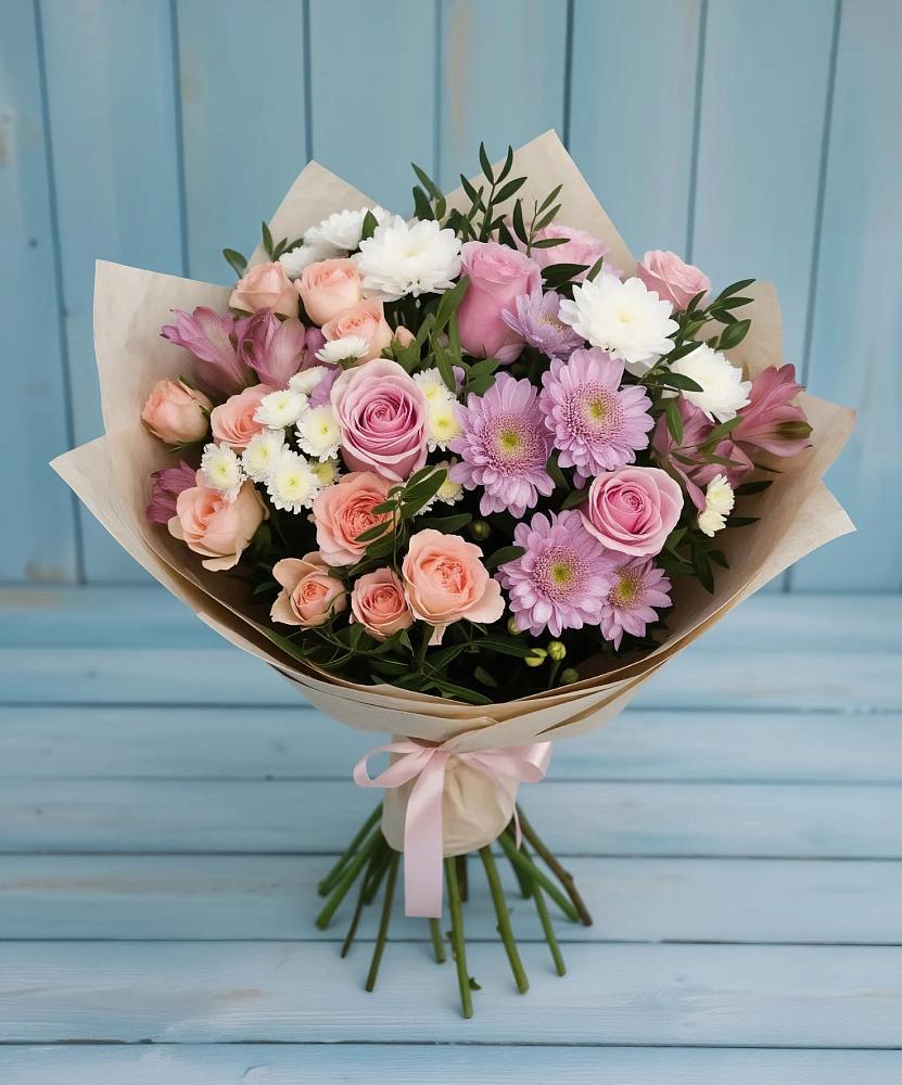 Букет цветов из: Хризантемы, Розы и Альстромерии в Возрождение