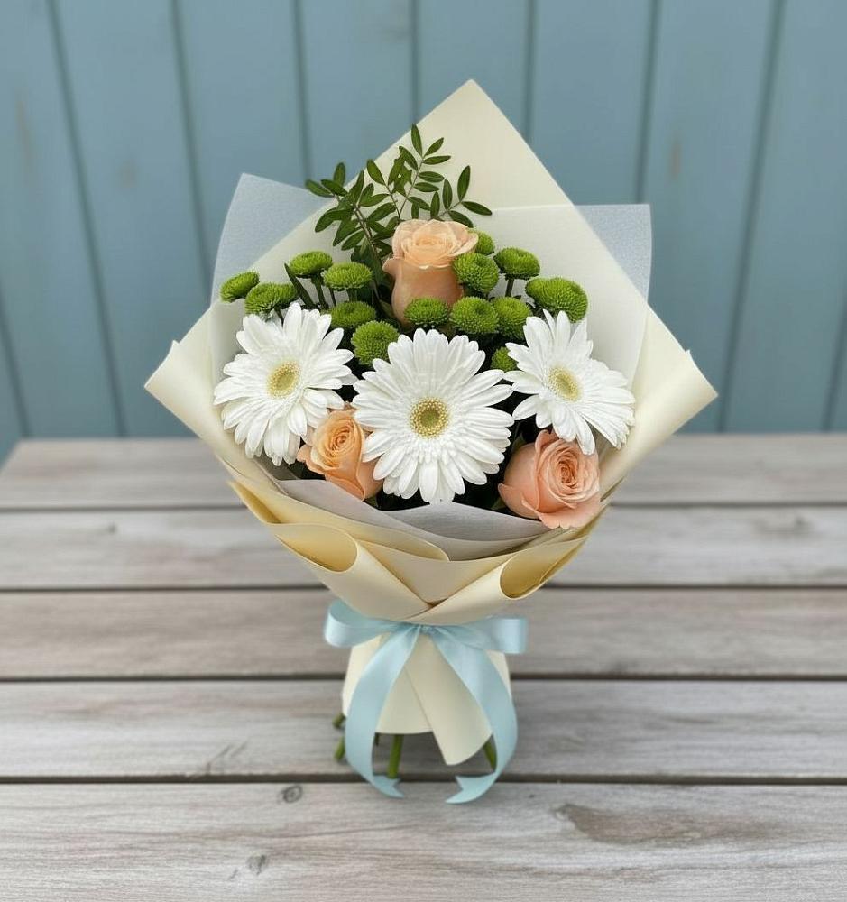 Букет цветов из: Герберы, Розы и Хризантемы в Возрождение