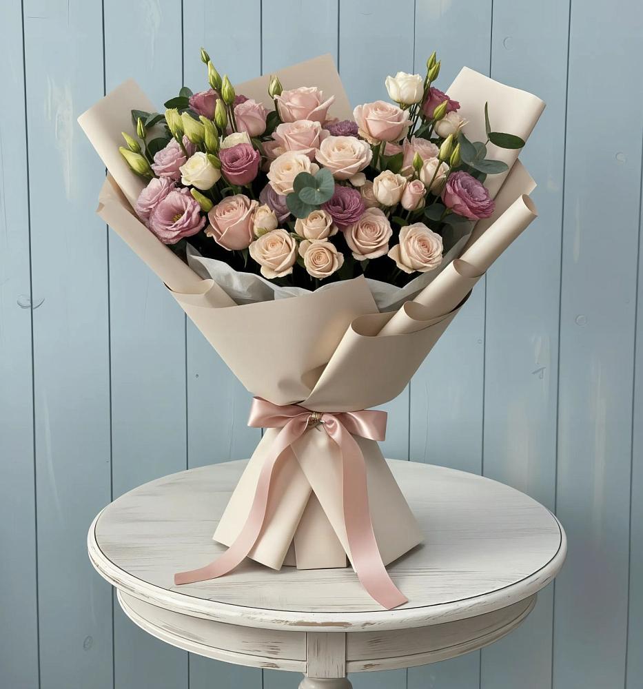 Букет цветов из: Розы и Лизиантусы в Возрождение