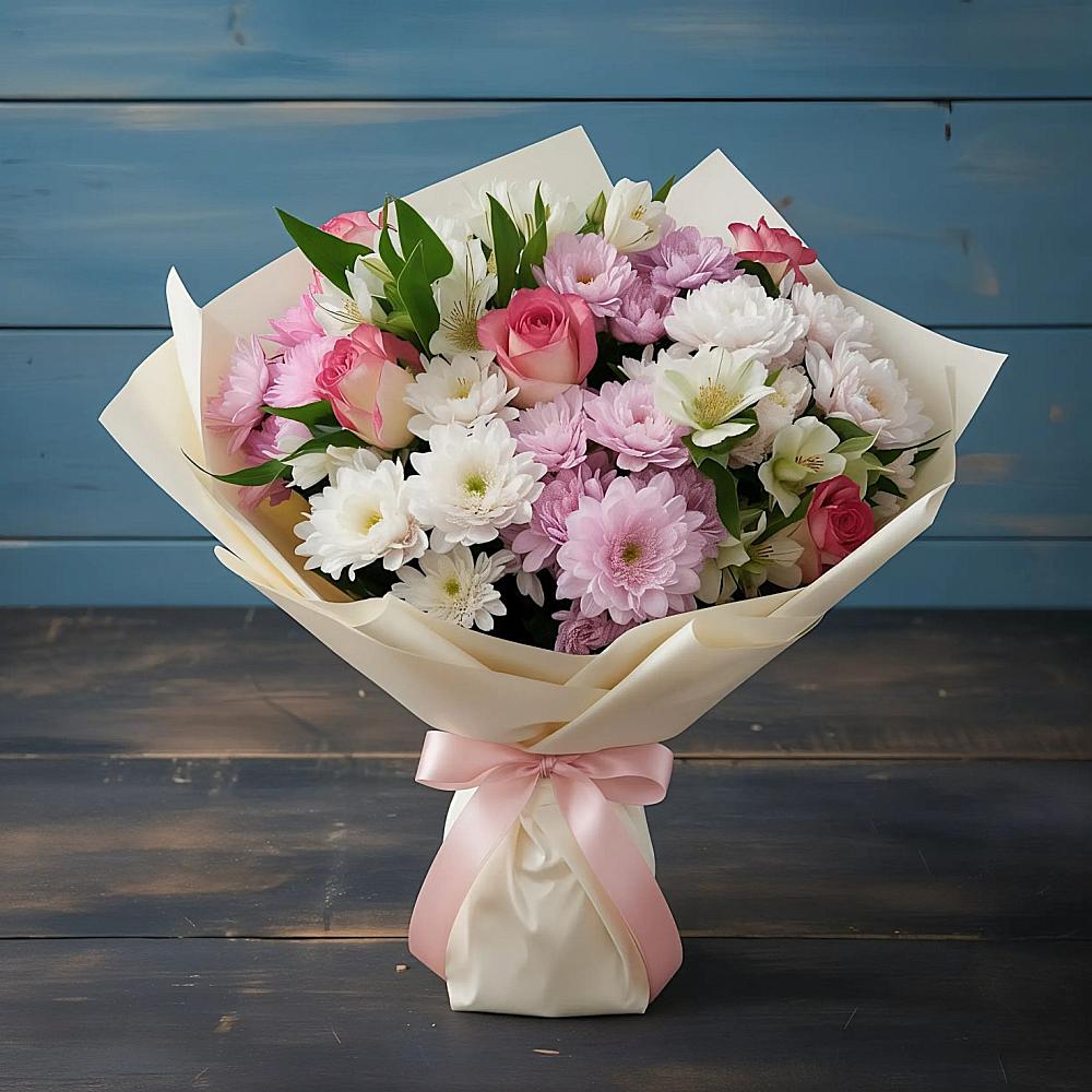 Букет цветов из: Хризантемы, Альстромерии и Розы в Возрождение